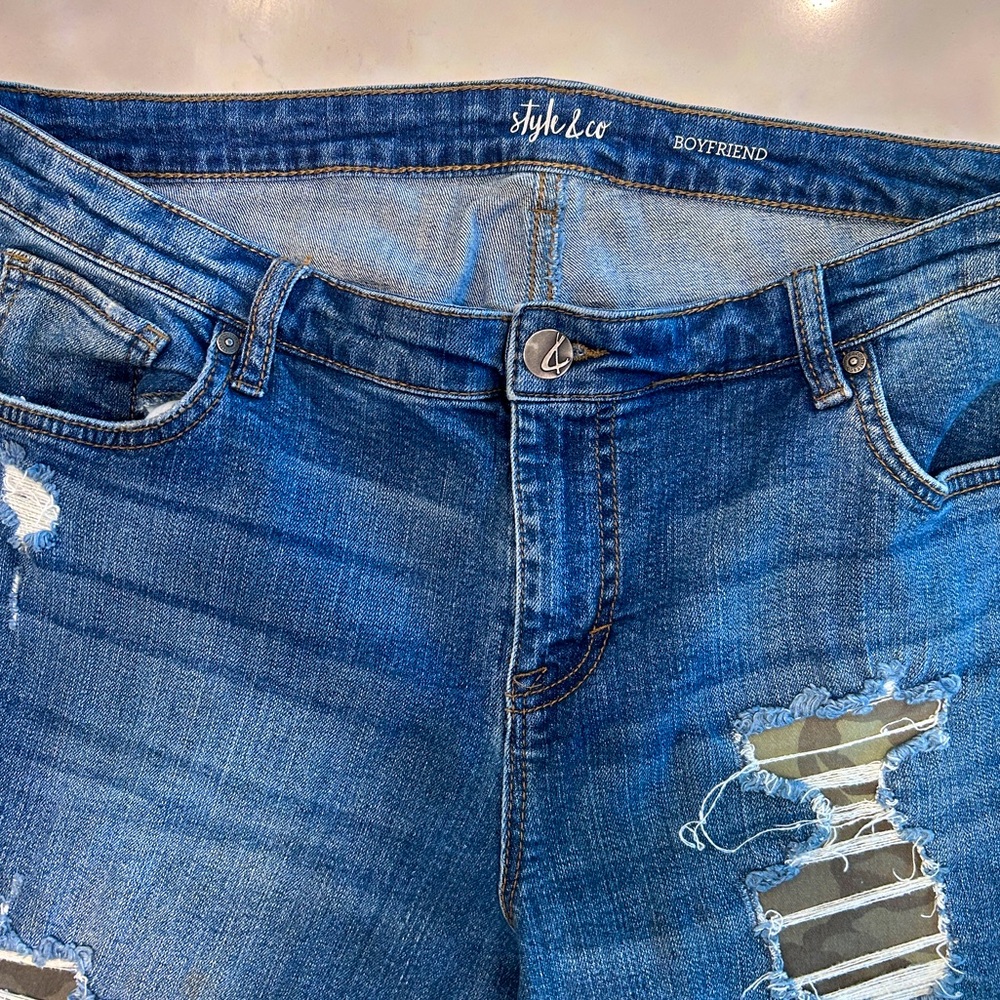 Style& co. Boyfriend 16W. Destroyed with camo modesty patches.